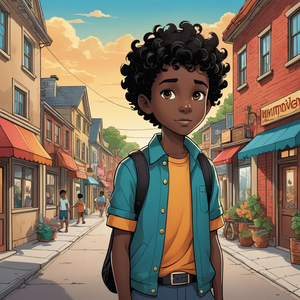 a cartoon of a boy standing in the middle of a street with a building in the background and a woman standing in the foreground, american scene painting, a storybook illustration, Cedric Seaut (Keos Masons), graphic novel