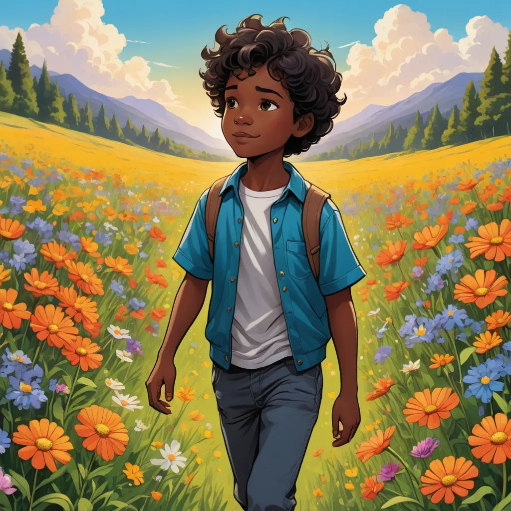 a painting of a boy walking through a field of flowers with mountains in the background and clouds in the sky, american scene painting, a character portrait, Everett Warner, comic cover art