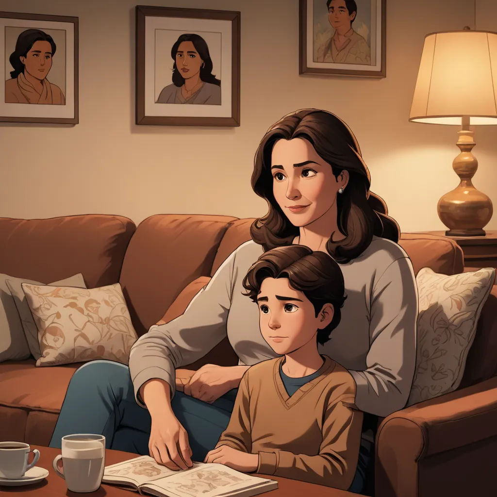 a woman and a boy sitting on a couch in a living room with a book and a cup of coffee, serial art, a comic book panel, Alton Tobey, graphic novel