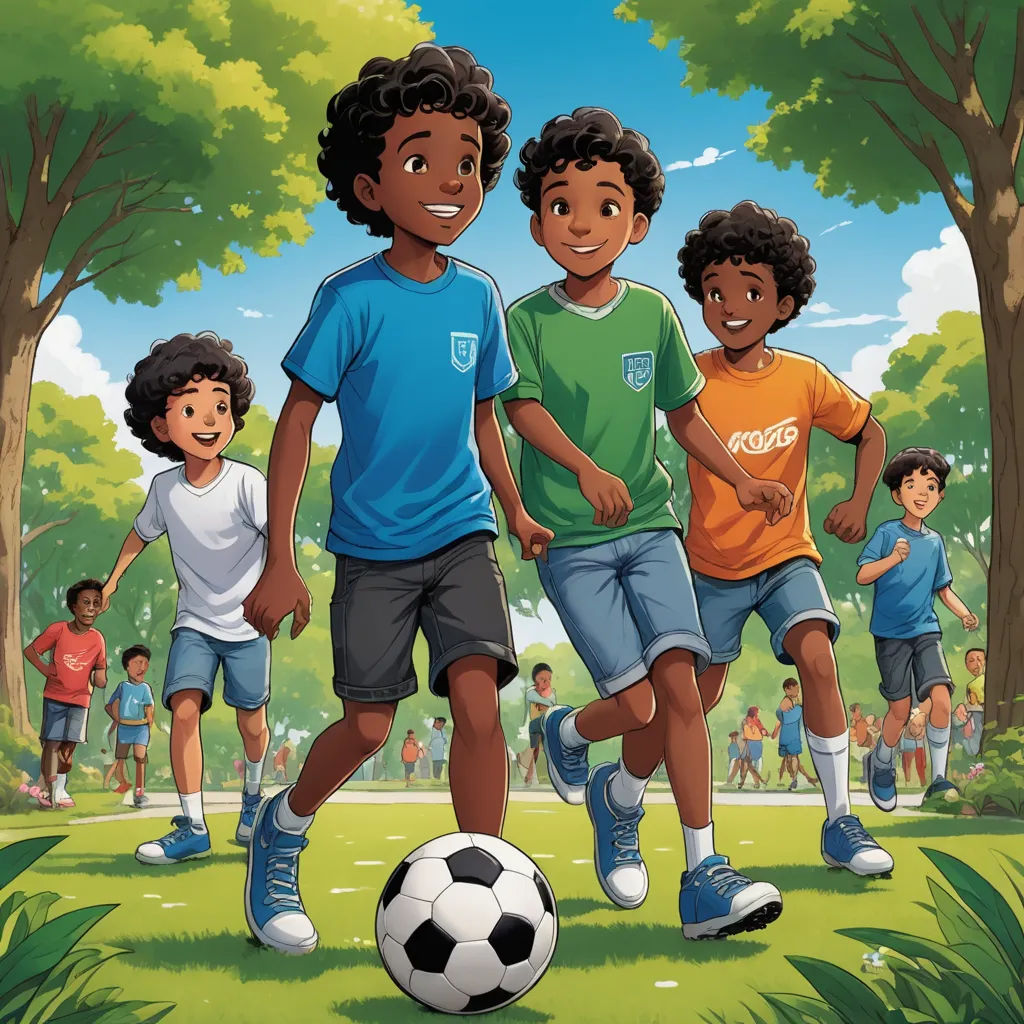 a group of children playing soccer in a park with trees and grass in the background, with a soccer ball in the foreground, american scene painting, a storybook illustration, Fathi Hassan, book cover
