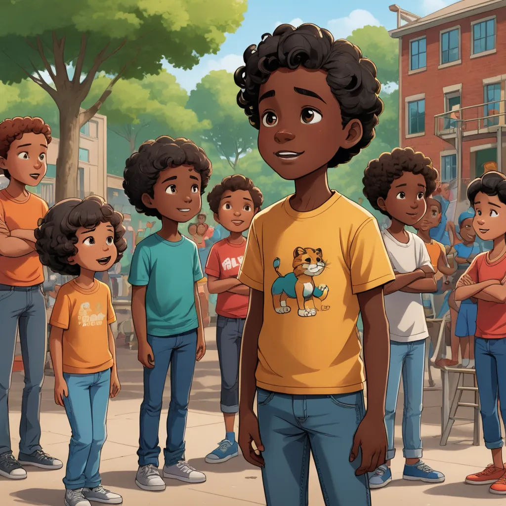 a group of children standing in a line on a sidewalk in front of a building with a dog on the front of the shirt, harlem renaissance, a storybook illustration, Chris LaBrooy, official art