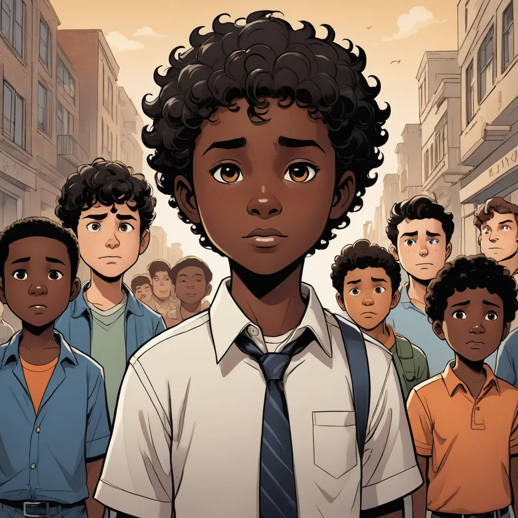 a cartoon of a boy in a school uniform surrounded by other boys in a city street, with a third boy in the background, harlem renaissance, a comic book panel, Asaf Hanuka, comic cover art