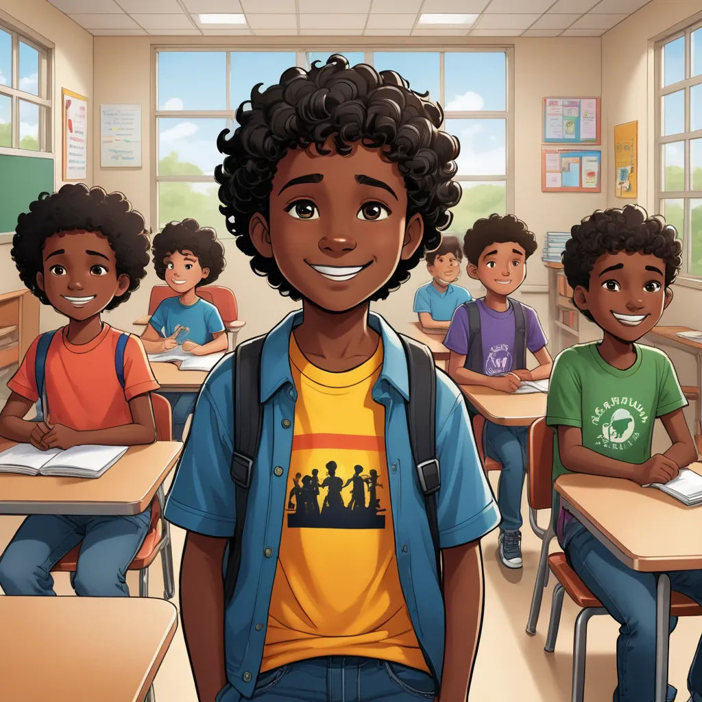 a cartoon of a boy standing in front of a classroom full of students with a book in his hand, harlem renaissance, concept art, Cedric Seaut (Keos Masons), official art