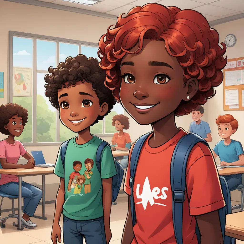 a cartoon of a boy and a girl in a classroom with other children in the background, one of them is smiling, harlem renaissance, concept art, Chinwe Chukwuogo-Roy, official art