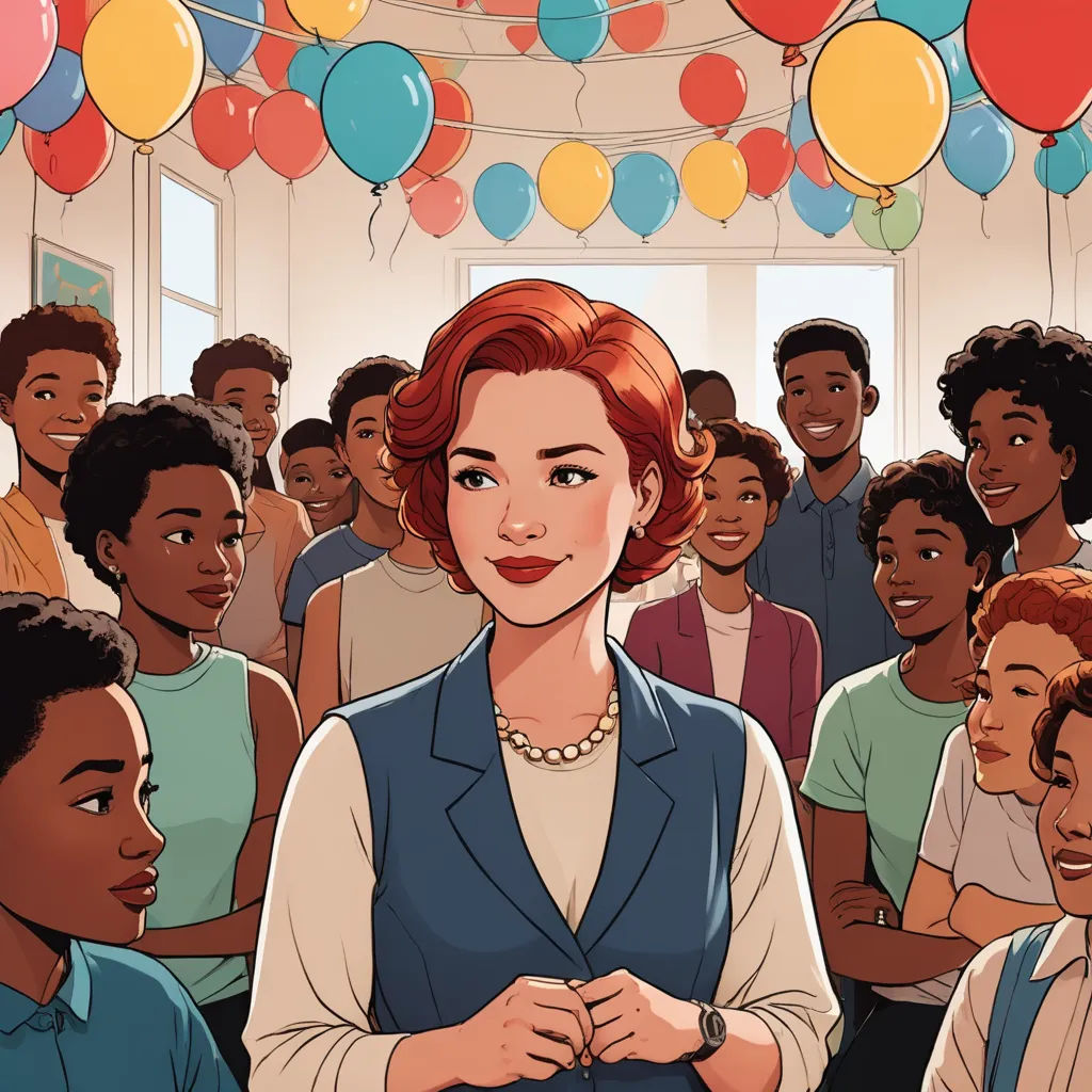 a woman standing in front of a crowd of people with balloons in the background and a woman in a blue suit, socialist realism, a storybook illustration, Bourgeois, high detail illustration