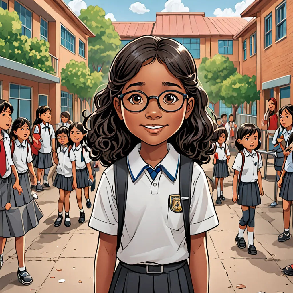 a cartoon of a girl in a school uniform standing in front of a group of children in a school, quito school, a storybook illustration, Ella Guru, comic cover art