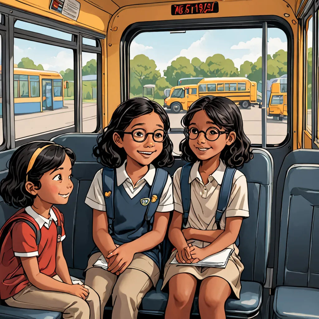 three children sitting on a bus looking out the window at the bus stop and the bus is parked behind them, serial art, a storybook illustration, Alson S. Clark, graphic novel