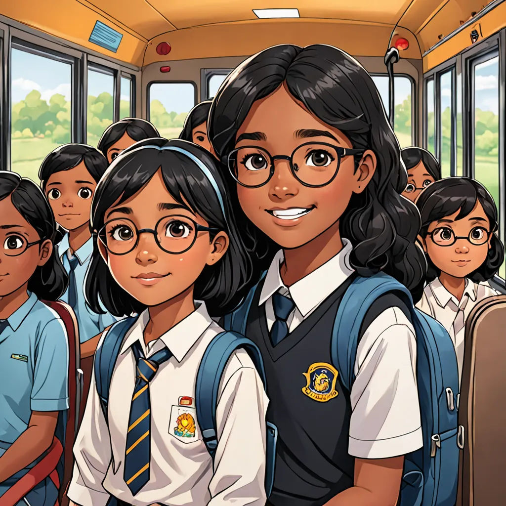 a group of children standing in a bus with their backs to the camera, with the front of the bus full of them, bengal school of art, a comic book panel, Ella Guru, official art