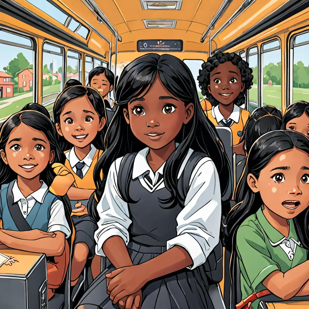 a group of children riding on a bus together with their teacher in the back of the bus and the first one holding a box, bengal school of art, a comic book panel, Ella Guru, official art