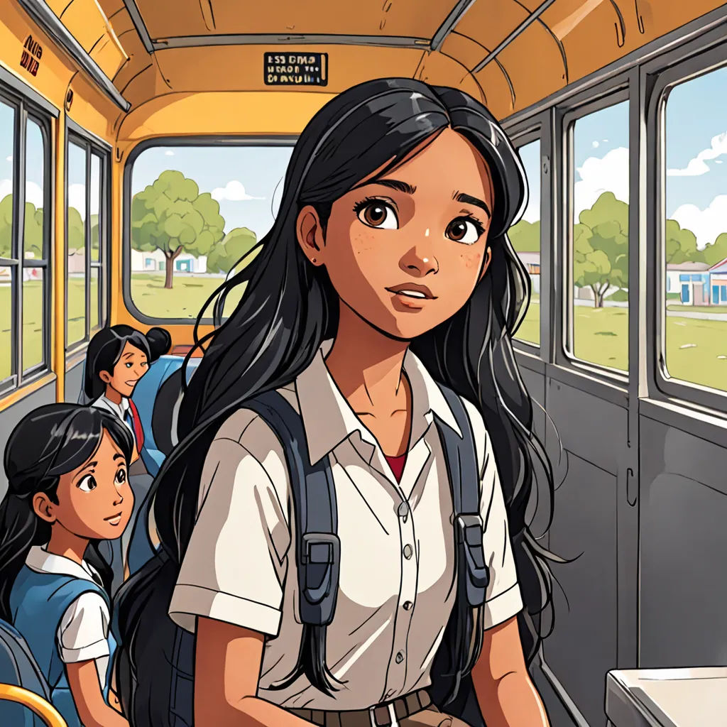 a girl standing on a bus with a group of people behind her looking out the window at the camera, magical realism, a comic book panel, Cliff Childs, official art
