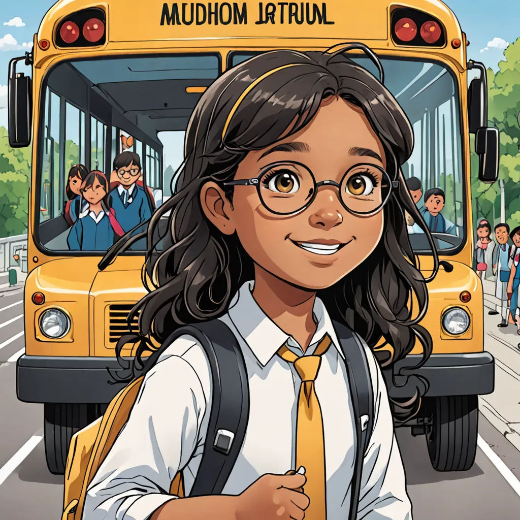 a cartoon of a girl in front of a school bus with a group of people behind her and a yellow backpack, samikshavad, a comic book panel, Ella Guru, comic cover art