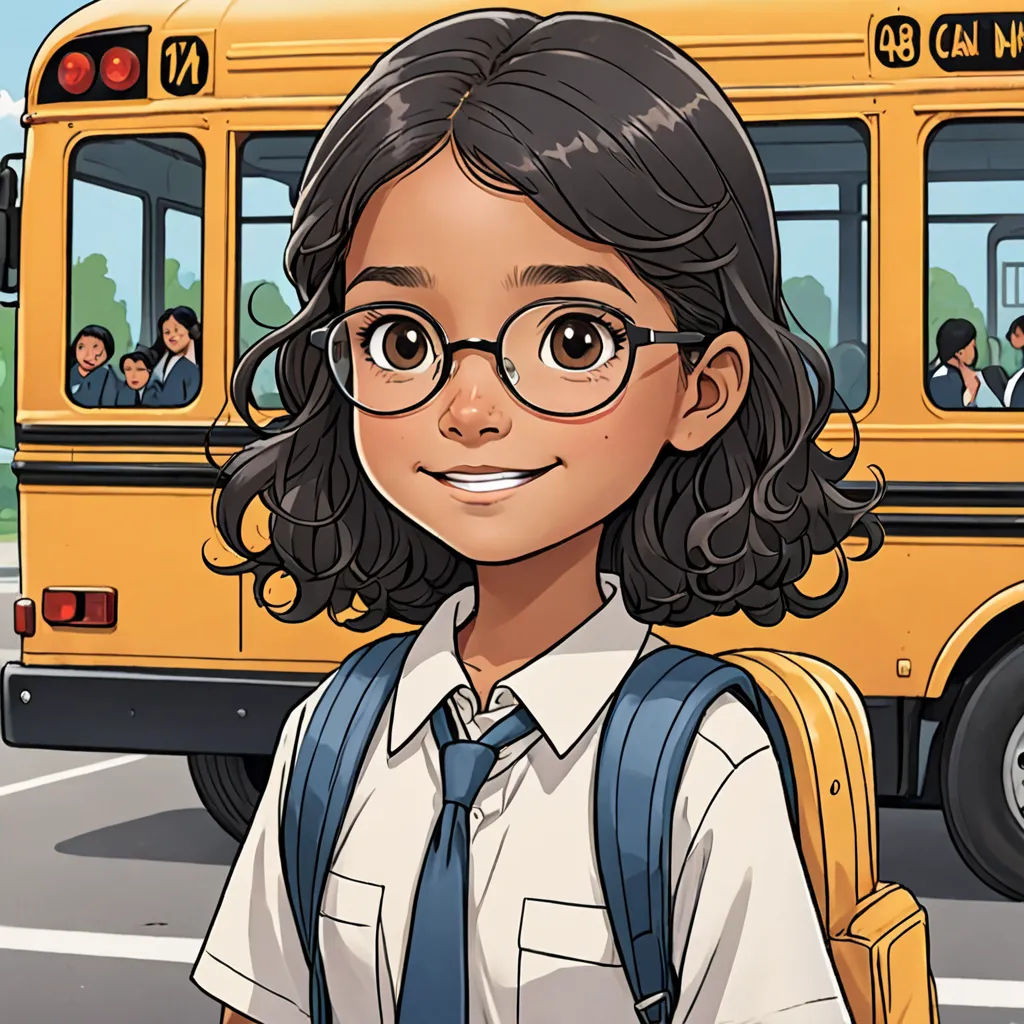 a cartoon of a girl with glasses and a backpack standing in front of a school bus with a group of people in the background, paris school, a character portrait, Cliff Childs, graphic novel