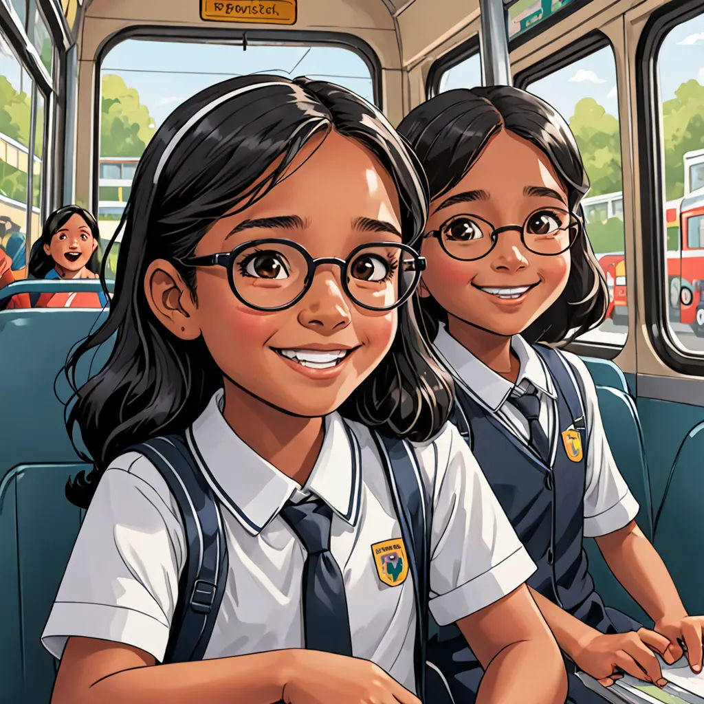 two girls sitting on a bus with their arms around each other and smiling at the camera, with a bus in the background, bengal school of art, a comic book panel, Anthony Devas, comic cover art