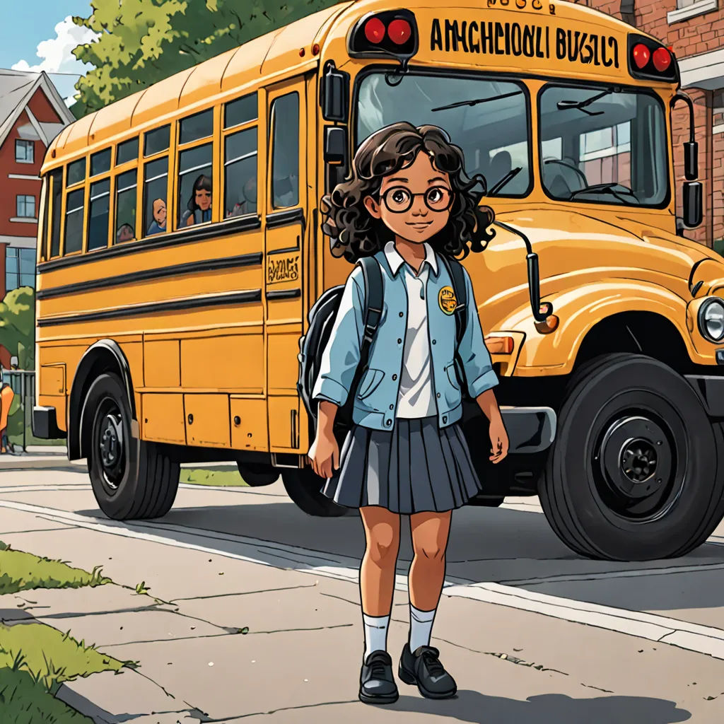 a cartoon of a girl standing in front of a school bus on a street with a man in the background, magical realism, a storybook illustration, Asaf Hanuka, official art