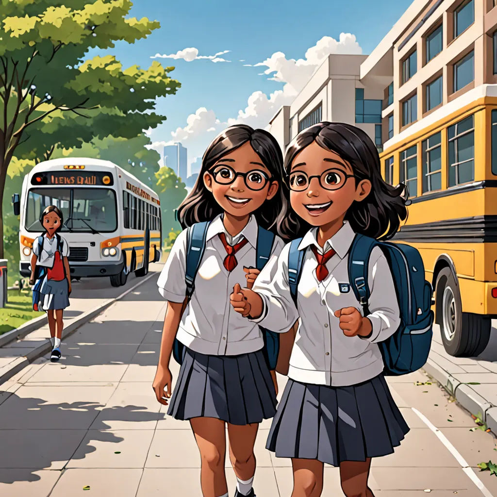 two girls in school uniforms standing on a sidewalk with a bus in the background and a tree in the foreground, bengal school of art, a comic book panel, Brothers Hildebrandt, official art