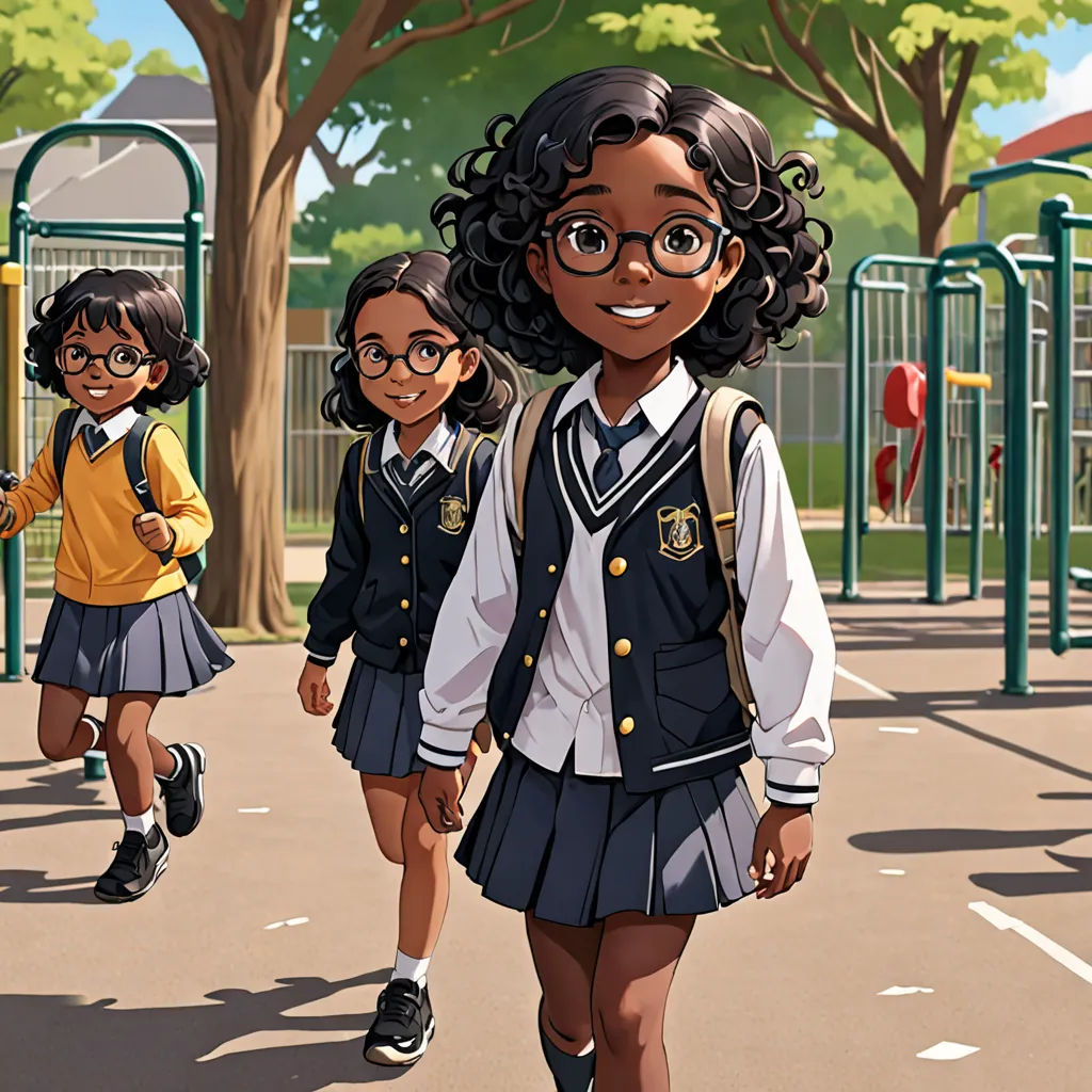 a group of children walking down a sidewalk next to a playground area with a playground structure and trees in the background, northwest school, a comic book panel, Chinwe Chukwuogo-Roy, official art
