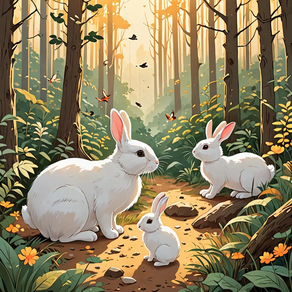 a painting of two rabbits in a forest with butterflies flying overhead and a path leading to them, with a forest scene in the background, magic realism, a storybook illustration, Dan Mumford, rossdraws global illumination