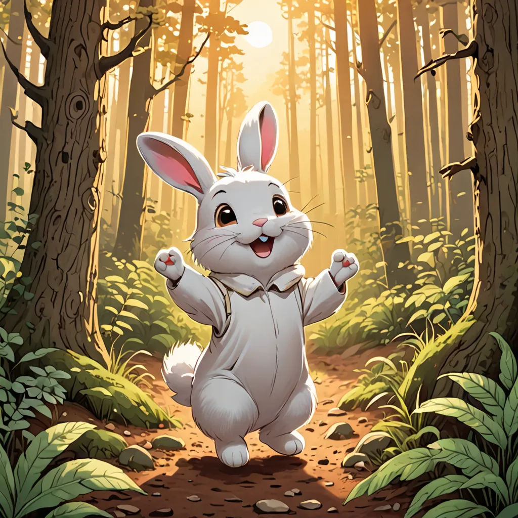 a cartoon bunny is running through the woods with his arms in the air and his eyes closed, with the sun shining through the trees behind him, altermodern, a storybook illustration, Chris Rallis, magic the gathering artwork