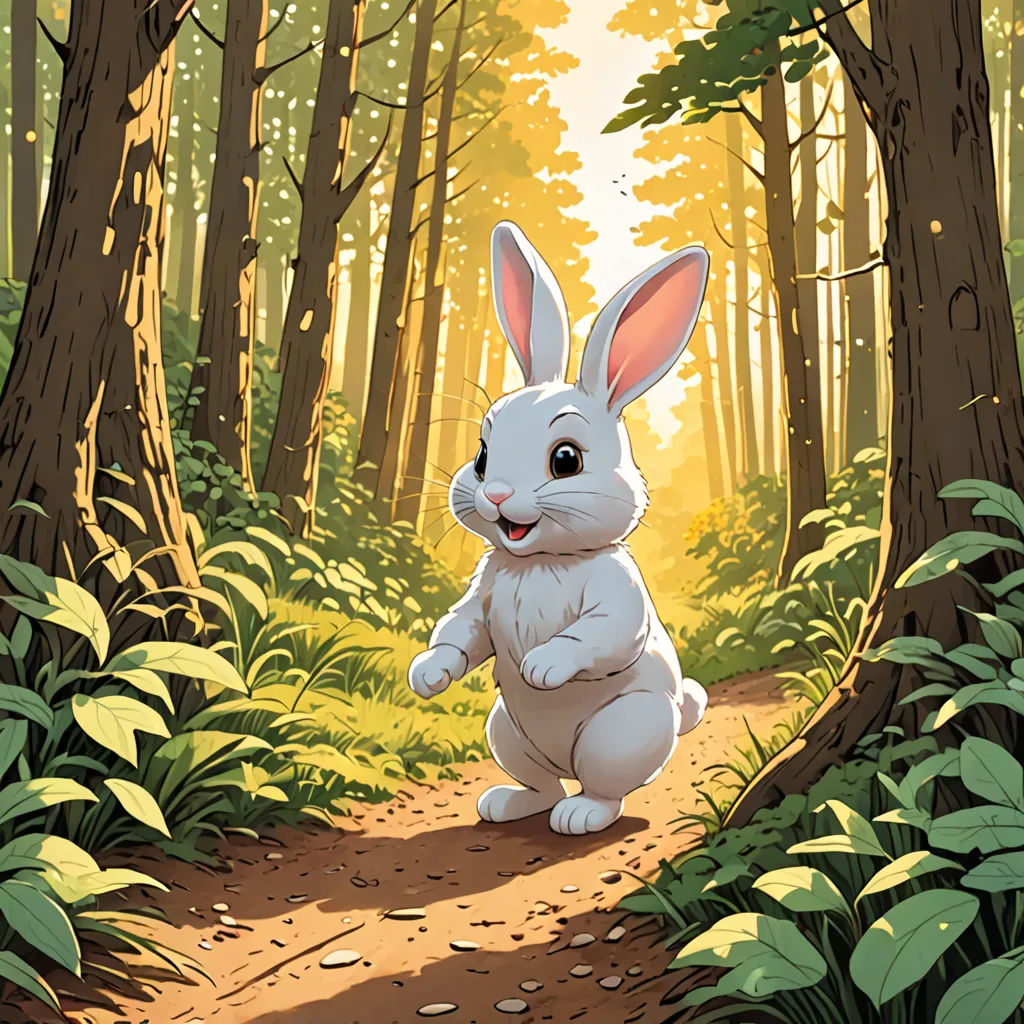 a cartoon bunny is walking through a forest with a trail in the foreground and sunlight shining through the trees, furry art, a storybook illustration, Dan Mumford, rossdraws global illumination