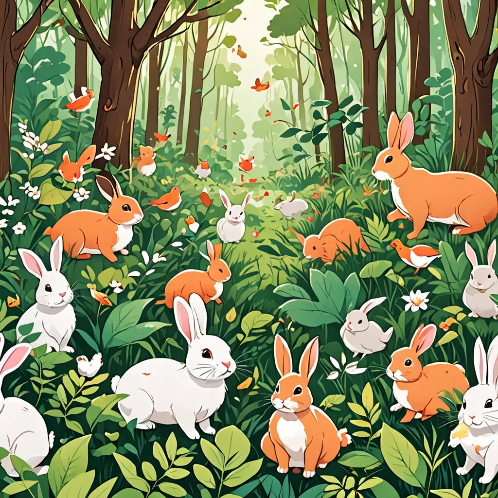 a painting of many rabbits in a forest with trees and flowers in the background, with a butterfly flying overhead, furry art, a storybook illustration, Chris LaBrooy, rossdraws global illumination