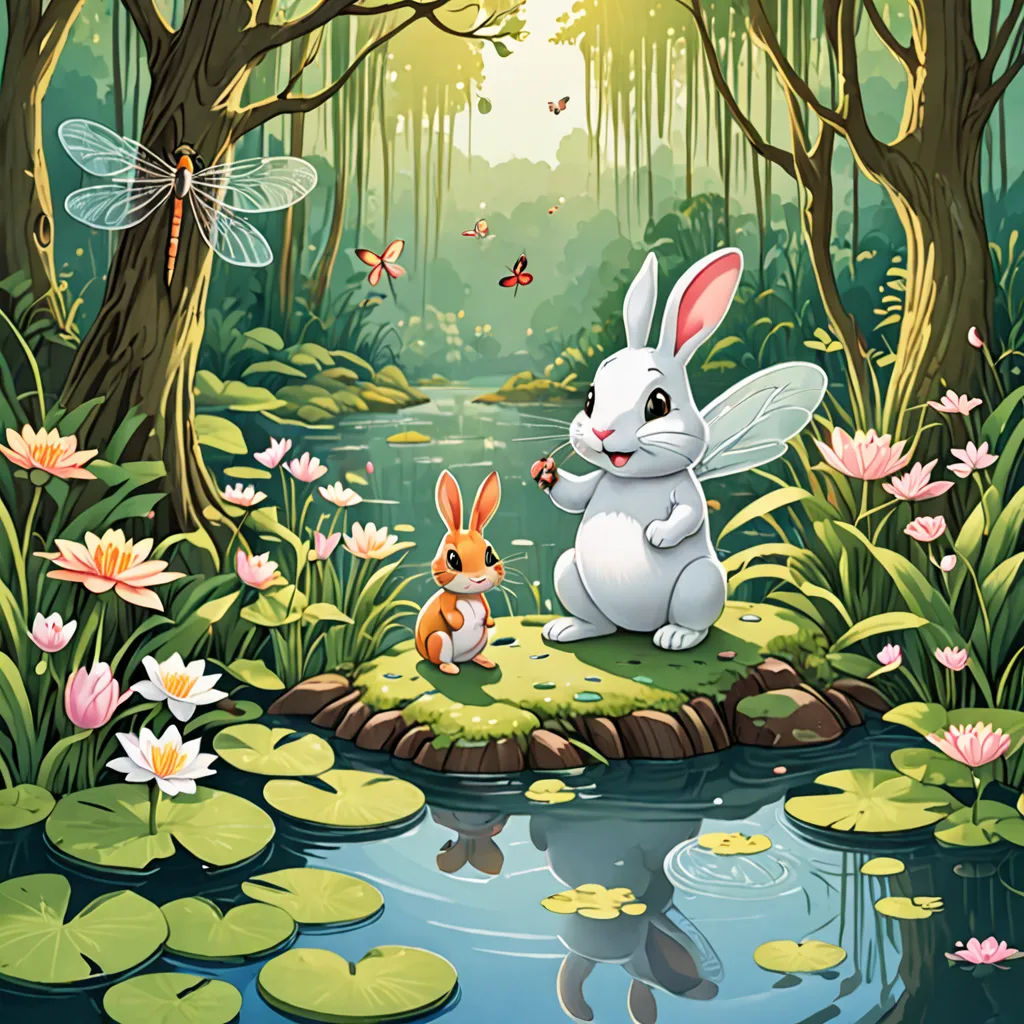 a rabbit and a bunny rabbit sitting on a lily pad in a forest with lily pads and butterflies flying around, fantasy art, a storybook illustration, Beatrix Potter, storybook illustration