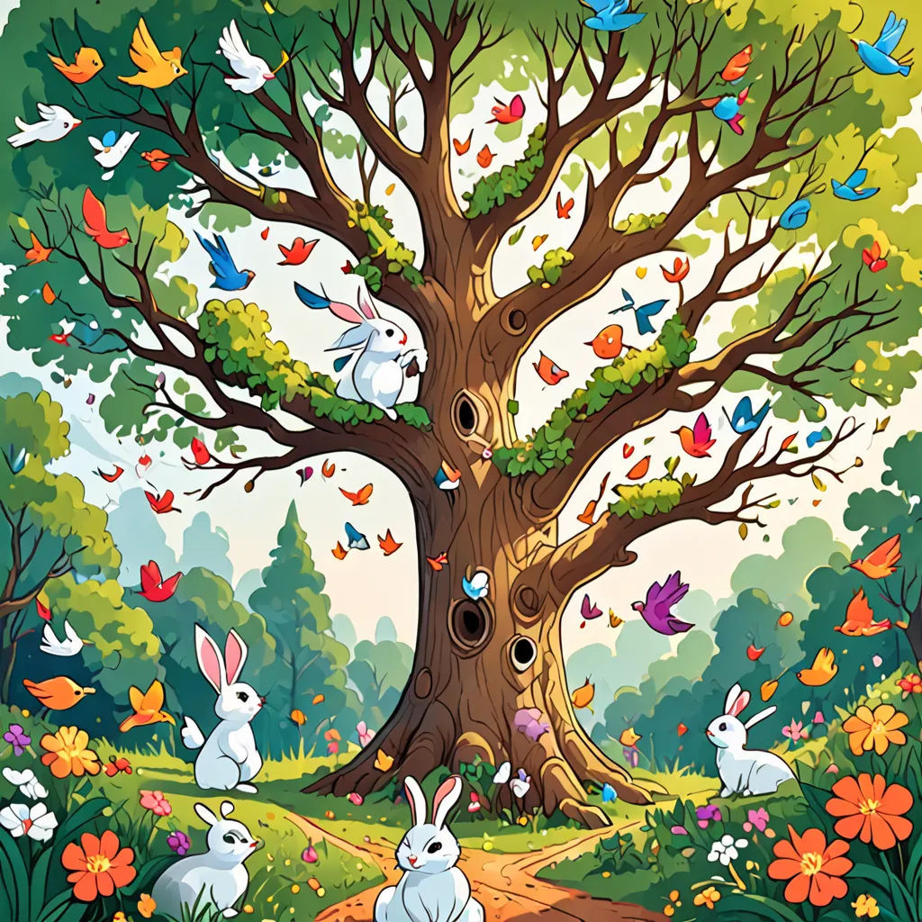 a painting of a tree with rabbits in it and butterflies flying around it, and a path leading to the tree, magical realism, a storybook illustration, Chris LaBrooy, storybook illustration