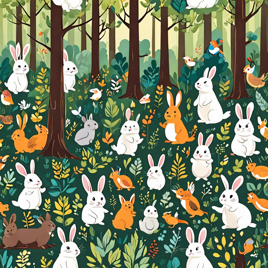 a group of rabbits in a forest with trees and leaves on the ground, surrounded by birds and butterflies, context art, a storybook illustration, Claire Hummel, forest