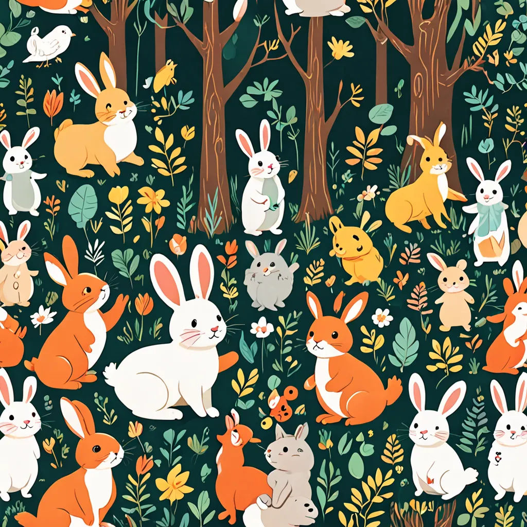 a group of rabbits in a forest with trees and flowers on a dark background with leaves and flowers on the ground, context art, a storybook illustration, Annabel Kidston, forest