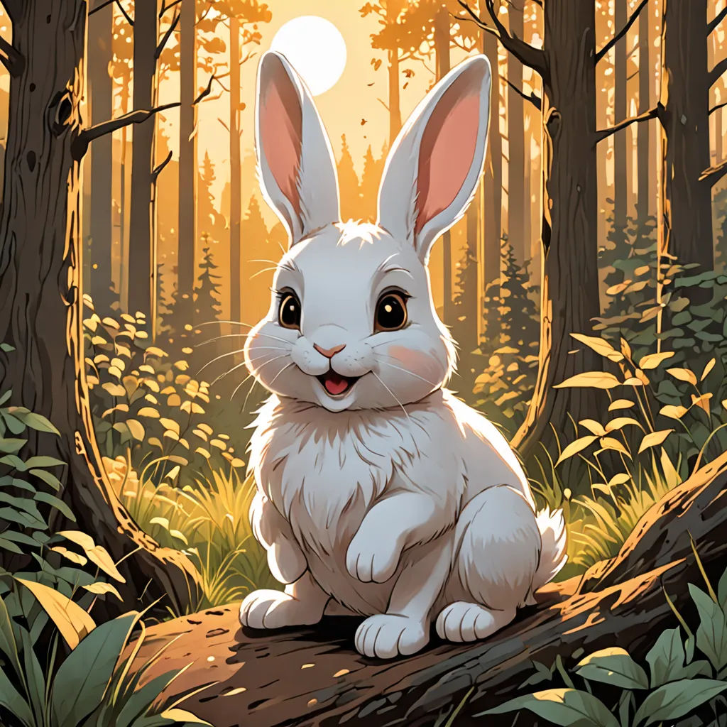 a white rabbit sitting on a log in a forest with trees and grass, with the sun shining through the trees, furry art, a storybook illustration, Dan Mumford, rossdraws global illumination