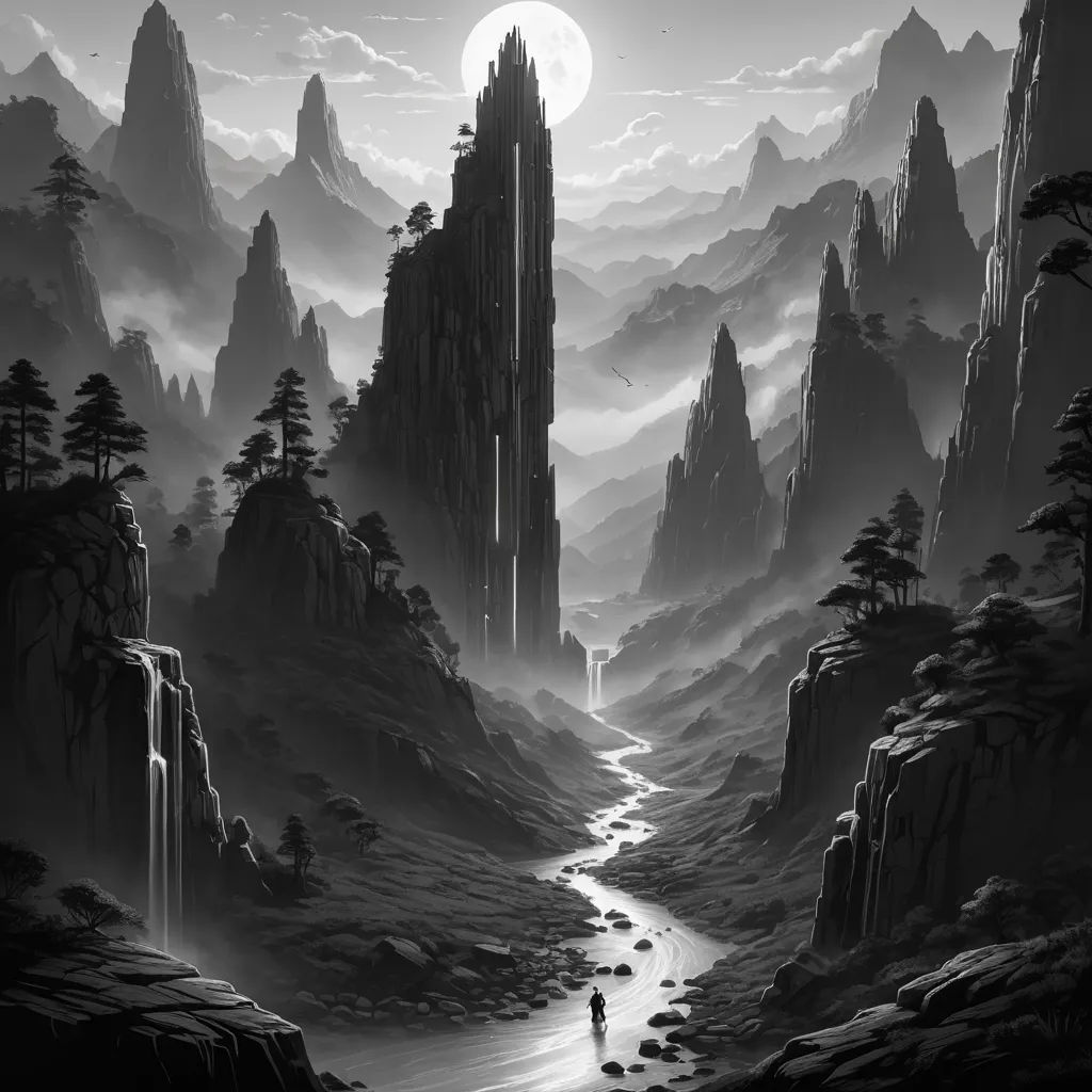 a black and white photo of a mountain landscape with a river running through it and a person standing on the edge of the mountain, fantasy art, a detailed matte painting, Cyril Rolando, matte fantasy painting