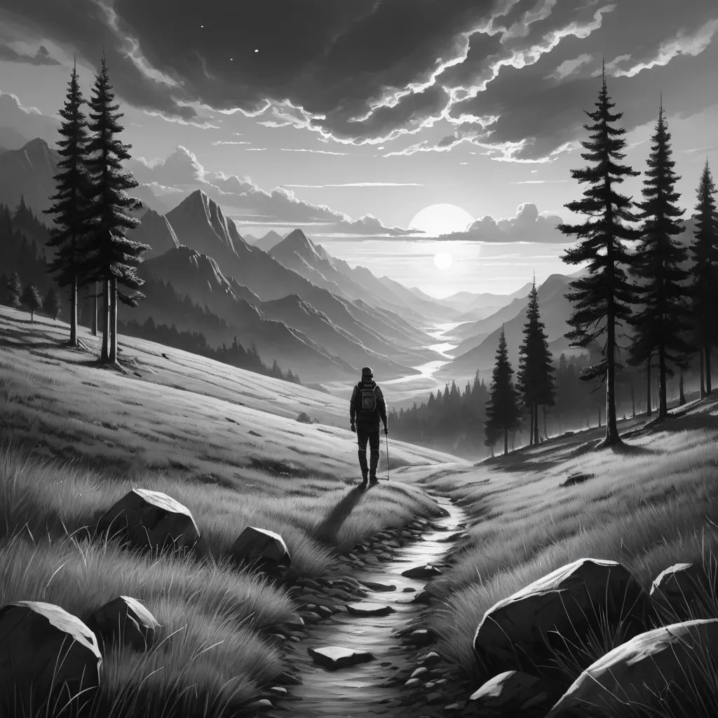 a man walking down a path in the middle of a field with trees and mountains in the background, with a sky full of clouds, modern european ink painting, a matte painting, Cyril Rolando, cinematic matte painting