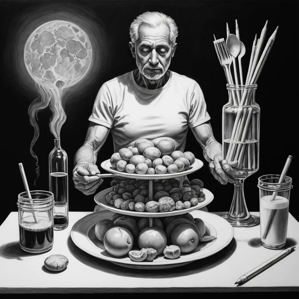 a man is holding a plate of food on a table with a full moon in the background and a glass of milk in the foreground, precisionism, an ultrafine detailed painting, Anthony Palumbo, highly detailed oil painting
