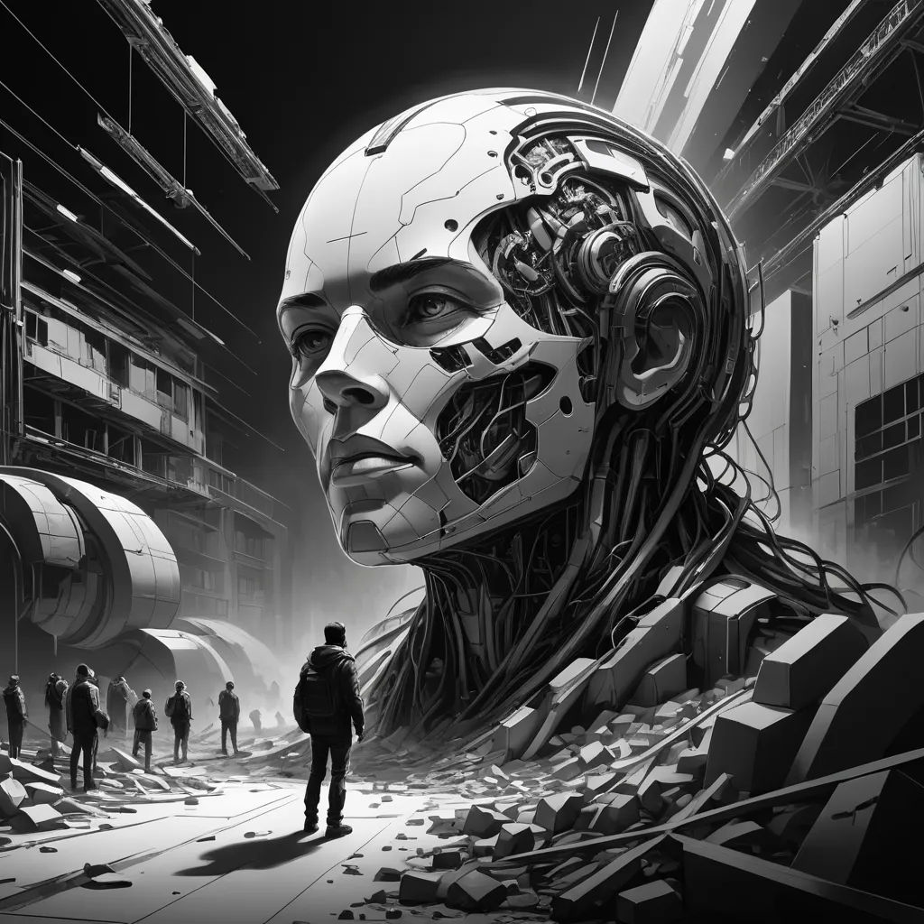 a man standing in front of a giant head in a city with lots of buildings and people in the background, analytical art, cyberpunk art, Cedric Peyravernay, dystopian art