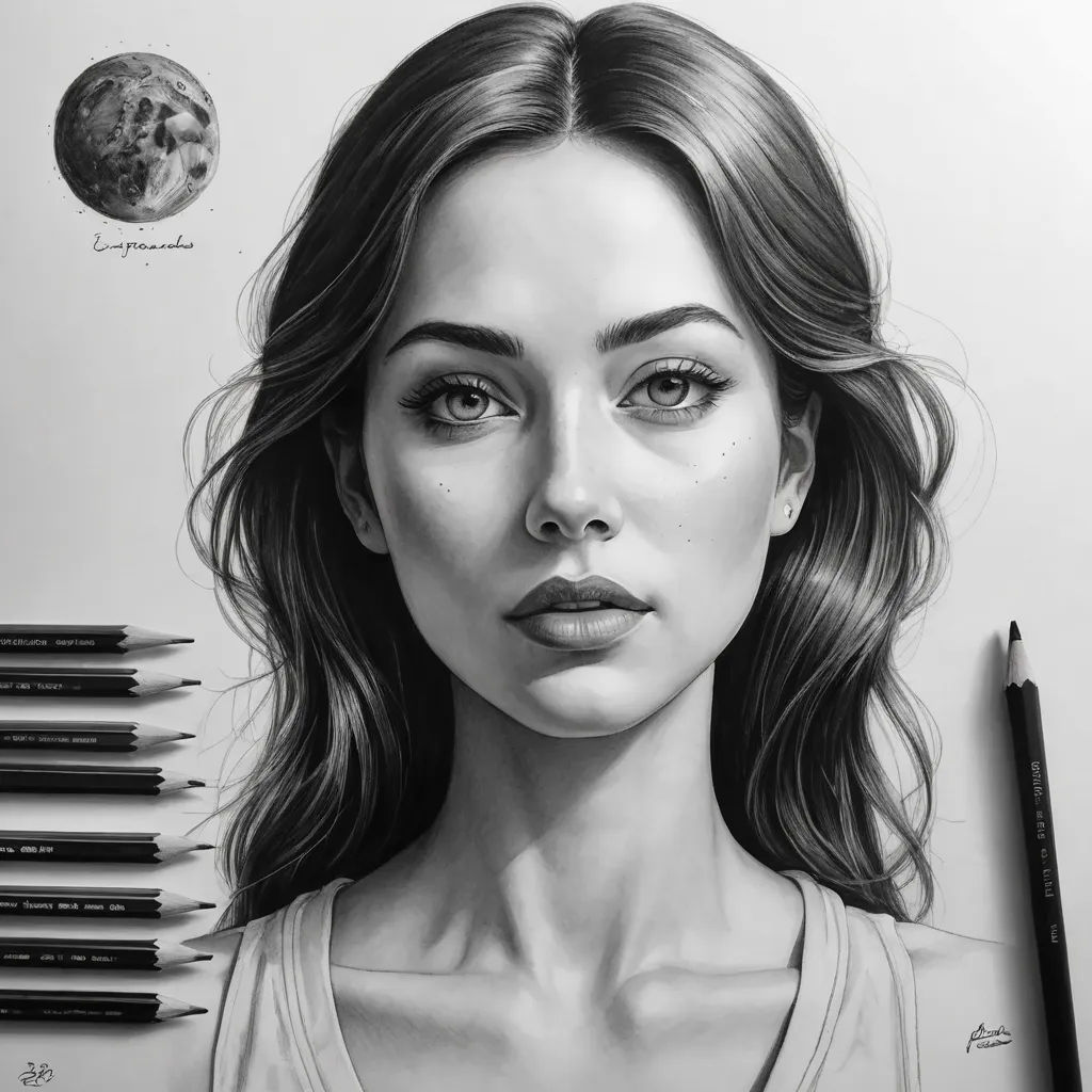 a drawing of a woman with a lot of pencils on her desk next to it and a pencil, figurative art, a detailed drawing, Artgerm, detailed portrait