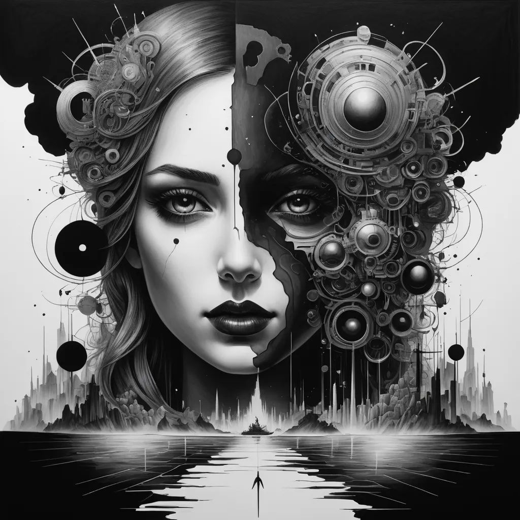 a woman with a futuristic face and a futuristic city in the background, with a reflection of her face, psychedelic art, an ultrafine detailed painting, Android Jones, highly detailed digital art