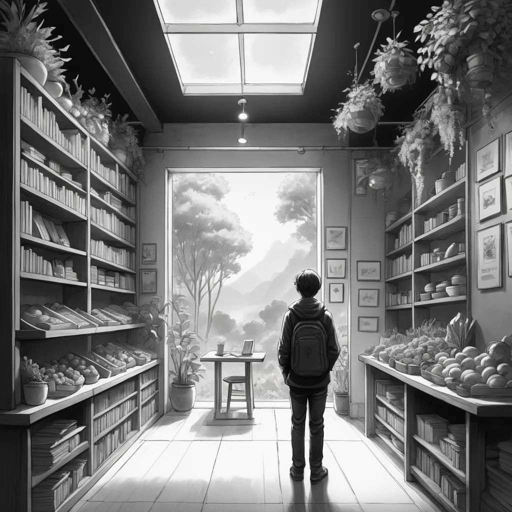 a person standing in a room with a window looking at a landscape and a table with a chair in it, vanitas, a storybook illustration, Atey Ghailan, storybook illustration