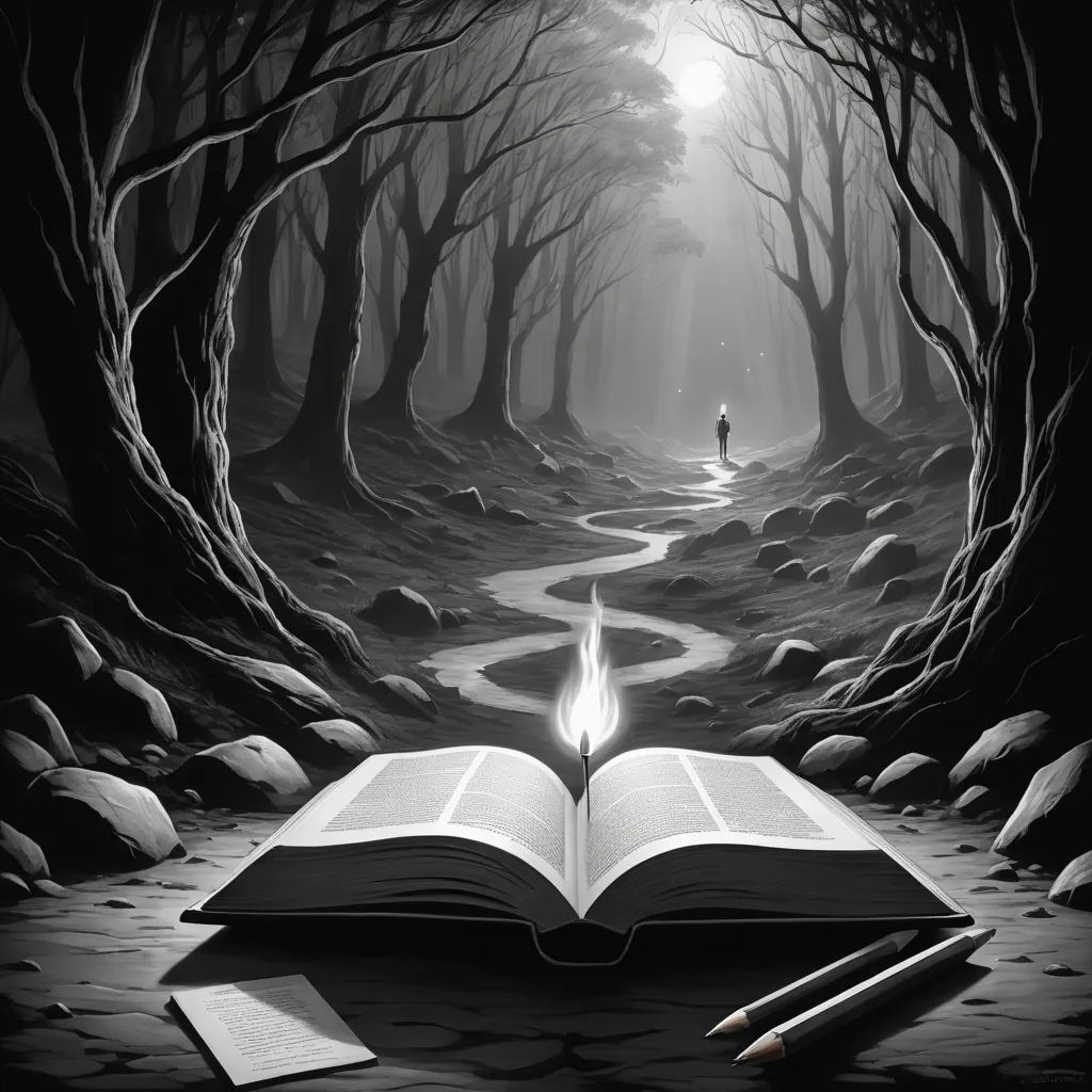 a book with a light coming out of it in the middle of a forest with a path leading to a person, fantasy art, a storybook illustration, Cyril Rolando, storybook illustration