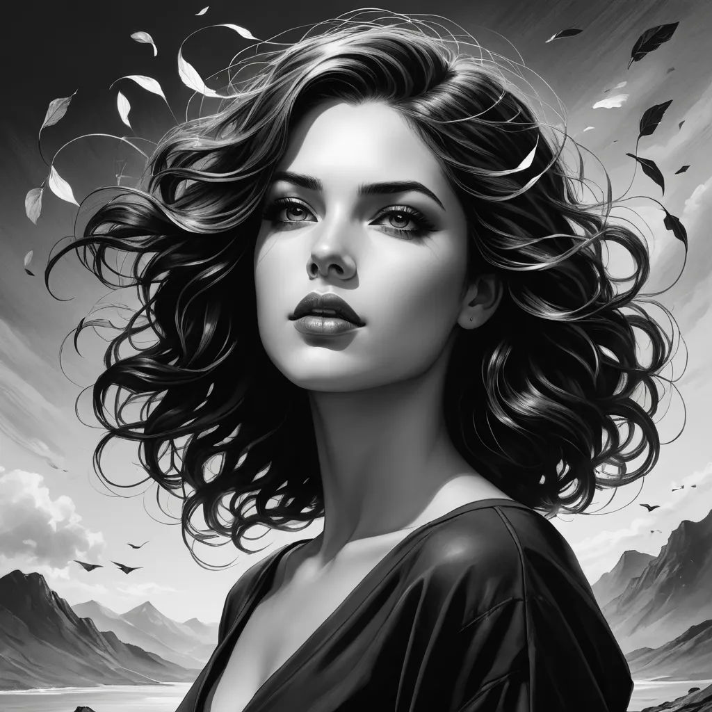 a woman with long hair and a black dress is standing in front of a mountain range with leaves flying in the air, gothic art, an ultrafine detailed painting, Charlie Bowater, highly detailed digital painting
