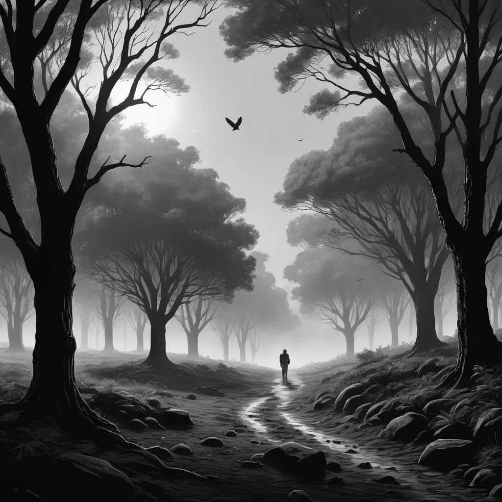 a man walking down a path through a forest with trees and a bird flying overhead in the distance, with a dark sky, gothic art, a matte painting, Cyril Rolando, dark art