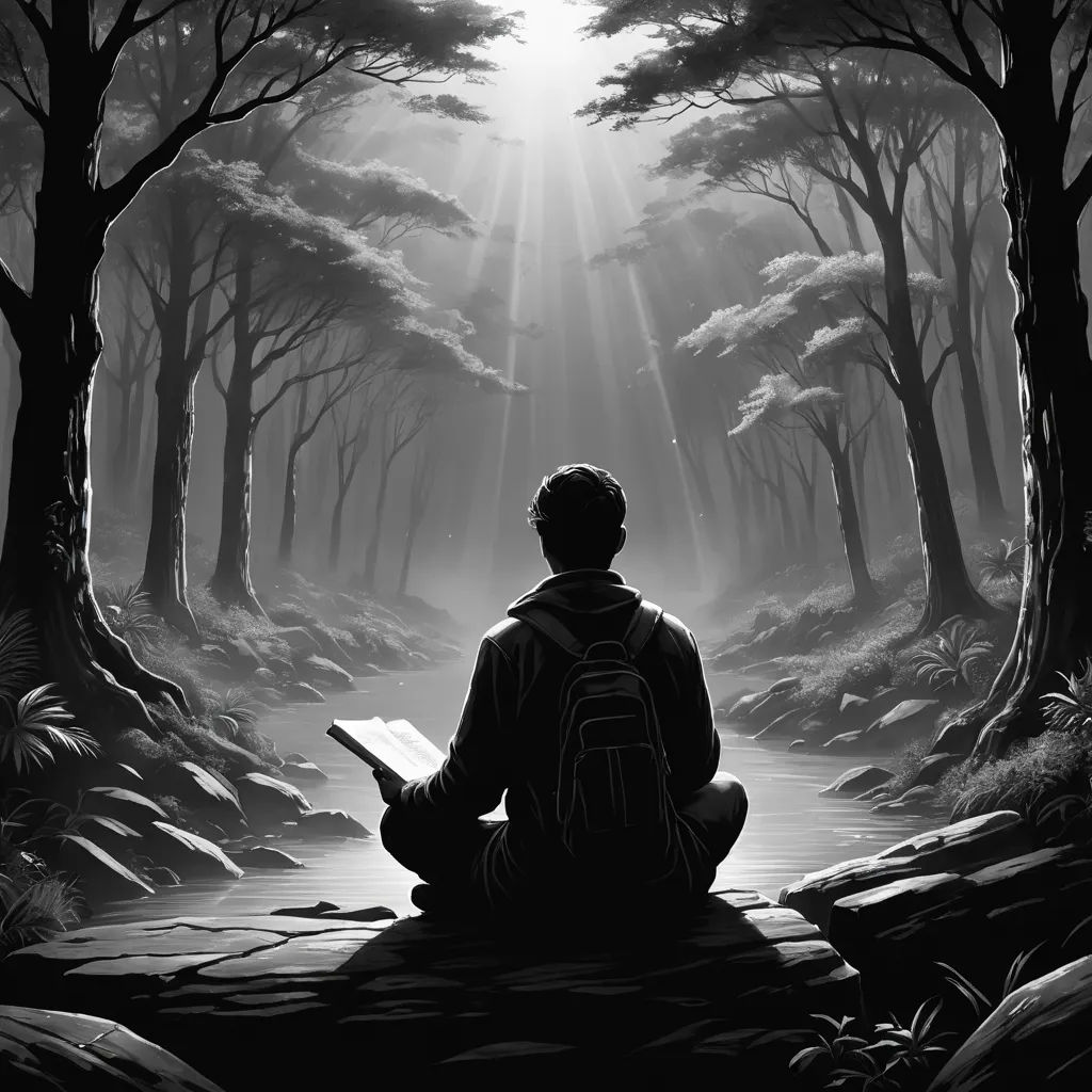 a person sitting in a forest reading a book with a light shining through the trees behind them and a path leading to the woods, naturalism, a storybook illustration, Cyril Rolando, tranquil