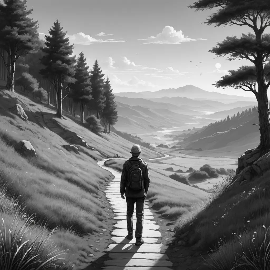 a man walking down a path in the middle of a forest with a backpack on his back and a view of the mountains, sots art, an ultrafine detailed painting, Cyril Rolando, cinematic matte painting