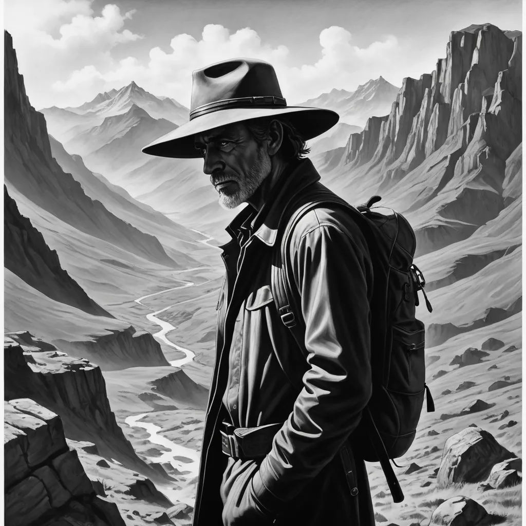 a man with a hat and a backpack standing in front of a mountain range with a river running through it, hyperrealism, an ultrafine detailed painting, Dan Mumford, highly detailed digital painting