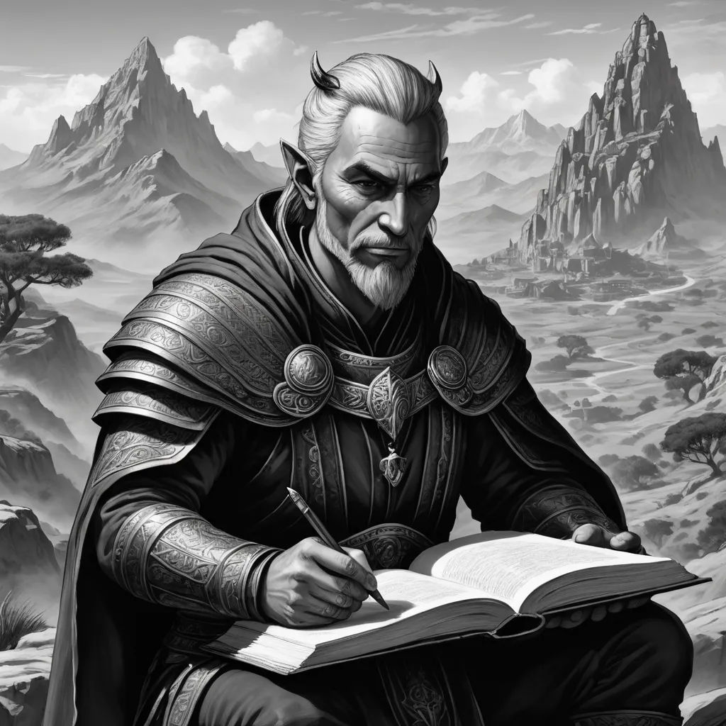a man in a suit of armor writing on a book in front of mountains and rocks with a mountain range in the background, fantasy art, an ultrafine detailed painting, Art of Brom, epic fantasy character art