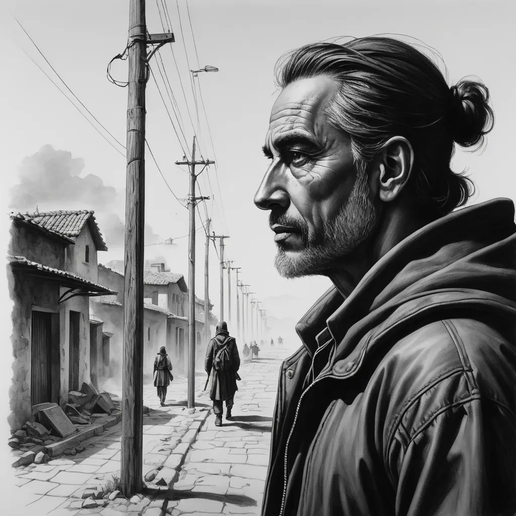 a man with a ponytail standing on a street corner next to a pole and a building with a man walking down the street, figurative art, an ultrafine detailed painting, Benjamin Marra, highly detailed digital painting
