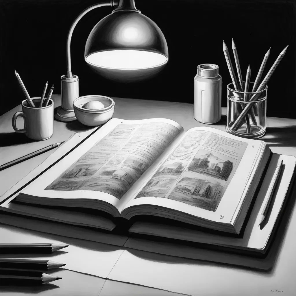 a book is open on a table with a lamp and other items on it, and a cup of pens and pencils, photorealism, a photorealistic painting, Art & Language, hyper realism