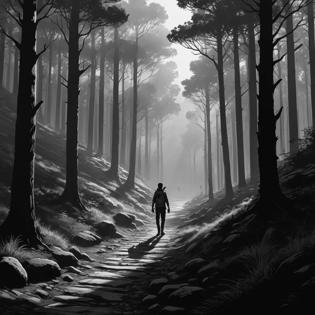 a man walking down a trail in the woods on a foggy day with trees and rocks on both sides, modern european ink painting, an ultrafine detailed painting, Ada Hill Walker, comic cover art
