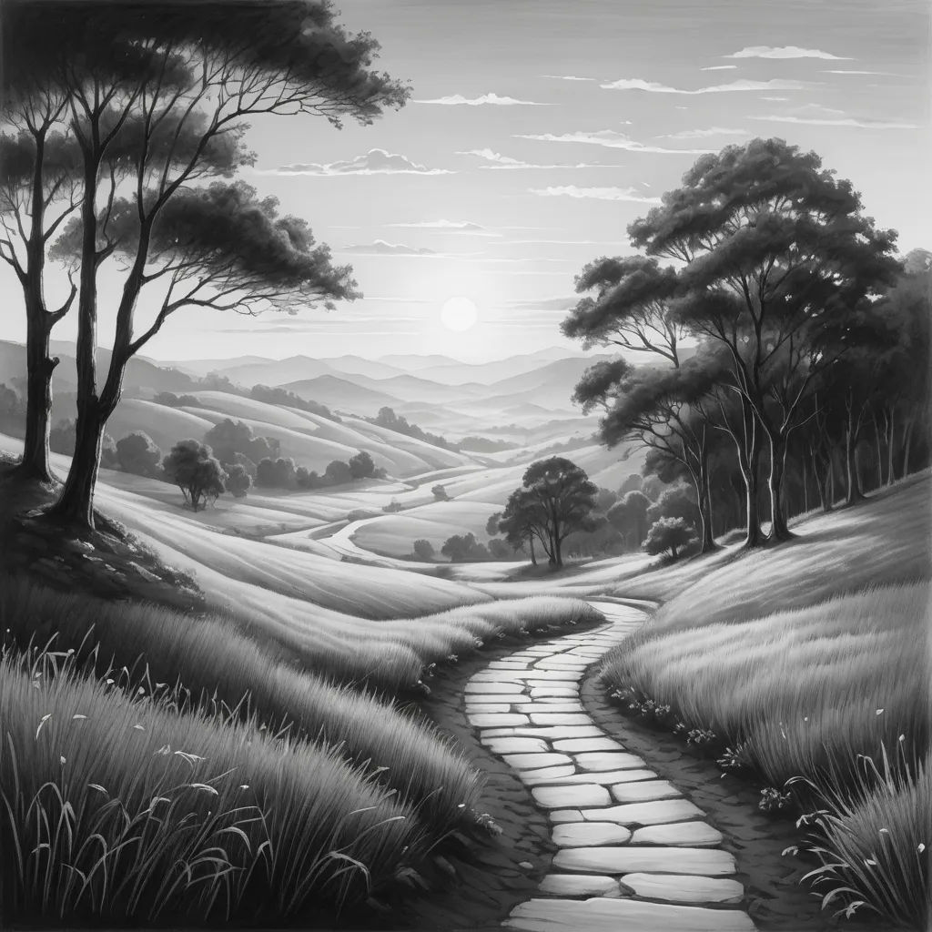 a painting of a path leading to a forest with trees and grass on either side of it, with the sun shining through the trees, american scene painting, an ultrafine detailed painting, David Martin, matte drawing