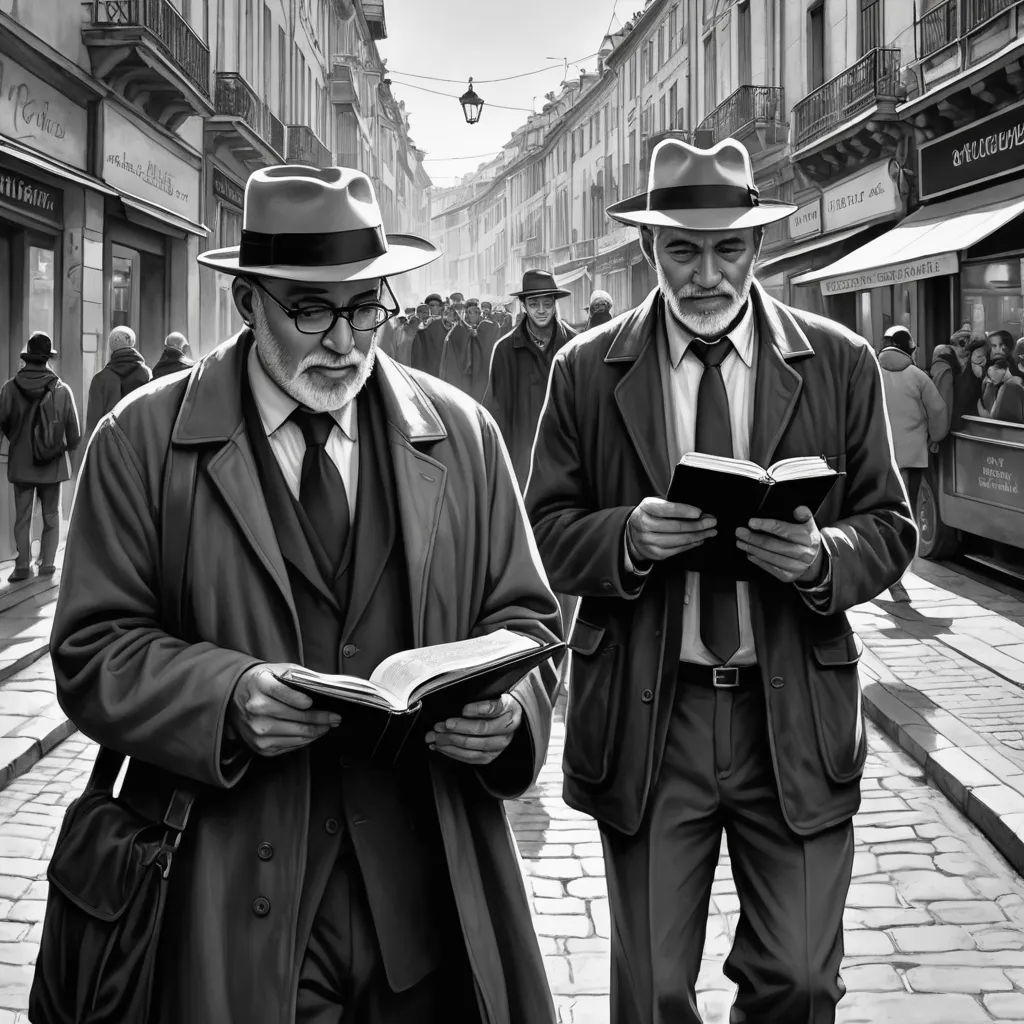 two men in hats and coats are reading a book on a street corner in a city with people walking by, modern european ink painting, an ultrafine detailed painting, Colin Middleton, highly detailed digital painting