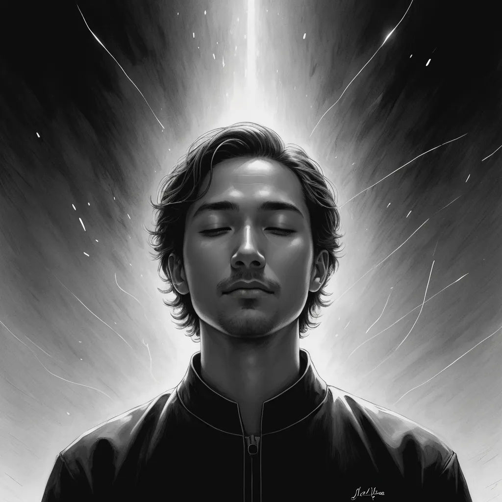 a man with his eyes closed and eyes closed, staring at the stars in the sky above him, in a black and white drawing, holography, an ultrafine detailed painting, Ayami Kojima, yukito kishiro