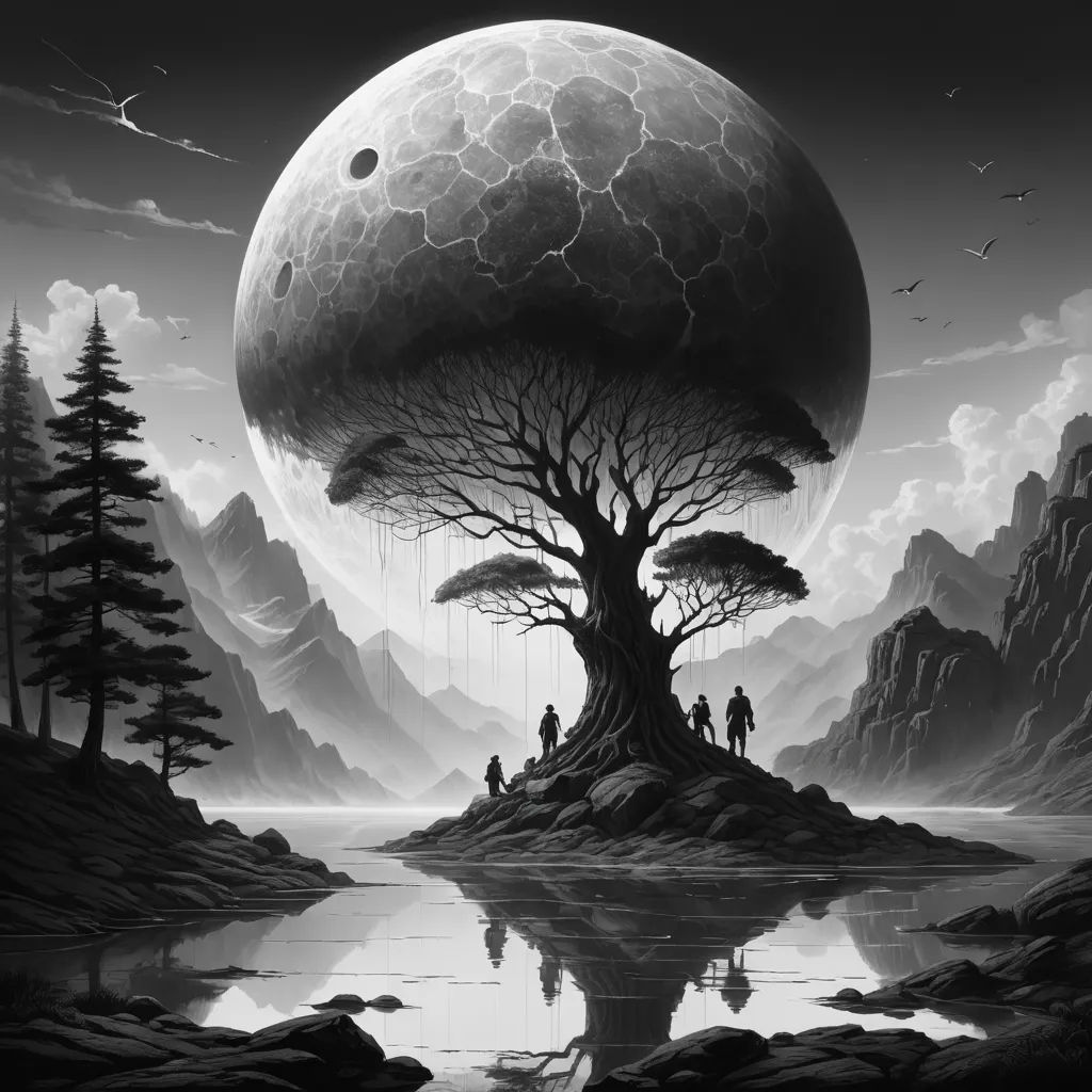 a black and white painting of a tree and a man standing on a rock in front of a lake, fantasy art, an ultrafine detailed painting, Cyril Rolando, highly detailed digital painting